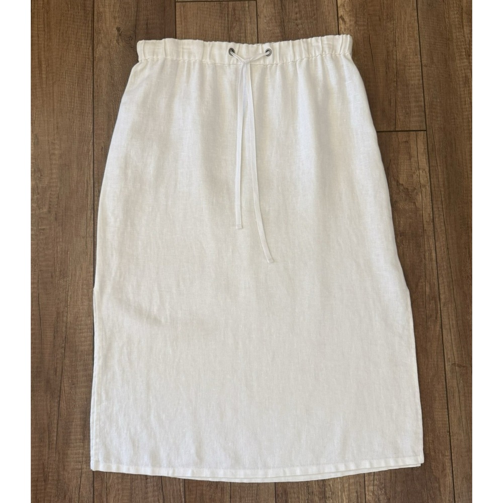 Eileen Fisher 100% Organic Linen White Pull On Midi Skirt Side Slits Women's S